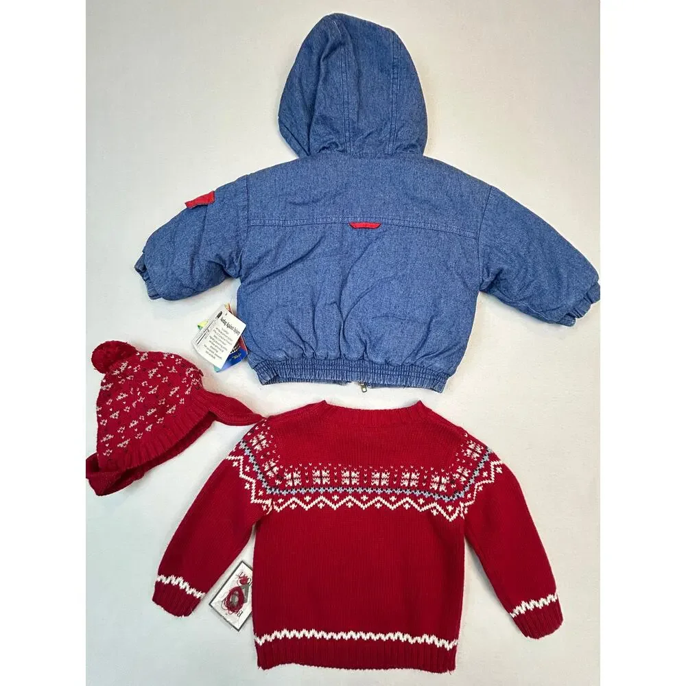 3pc Vtg Toddler Lot NWT 18mth Jacket Denim 2T Sweater Fair Isle Teddy Bear Baby